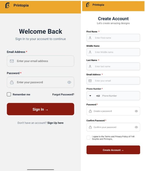 Printopia login & registration screen